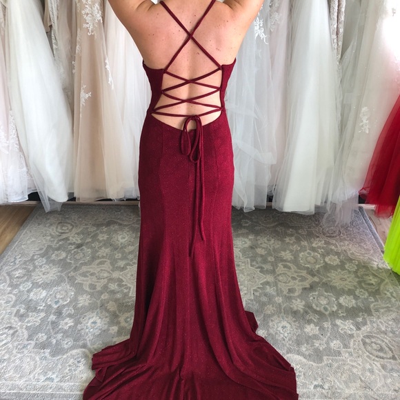 Burgundy, High Neck, High Slit Prom Dress fitted - Picture 4 of 8